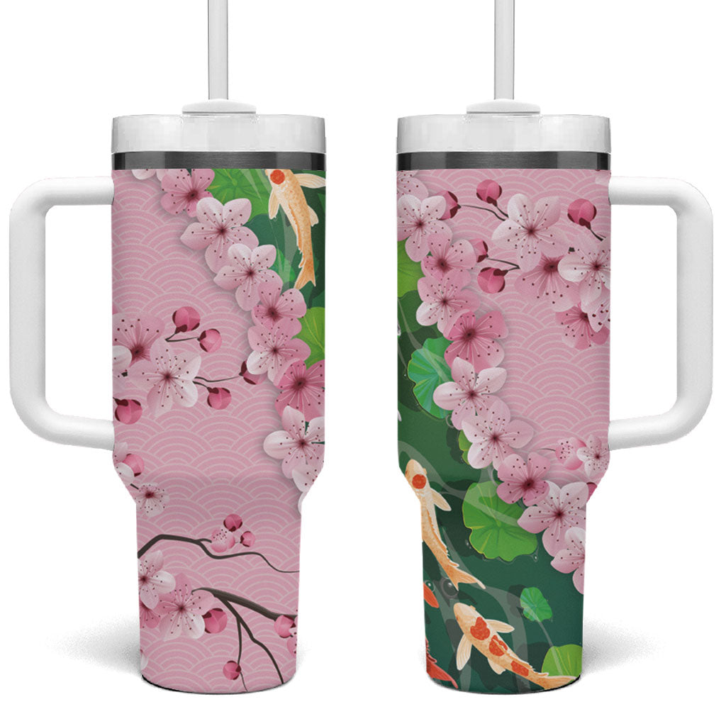 Koi Fish Sakura Japan Tumbler With Handle Eternal Flow Cherry Blossom Seigaiha Pattern