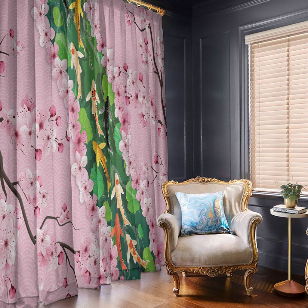 Koi Fish Sakura Japan Window Curtain Eternal Flow Cherry Blossom Seigaiha Pattern