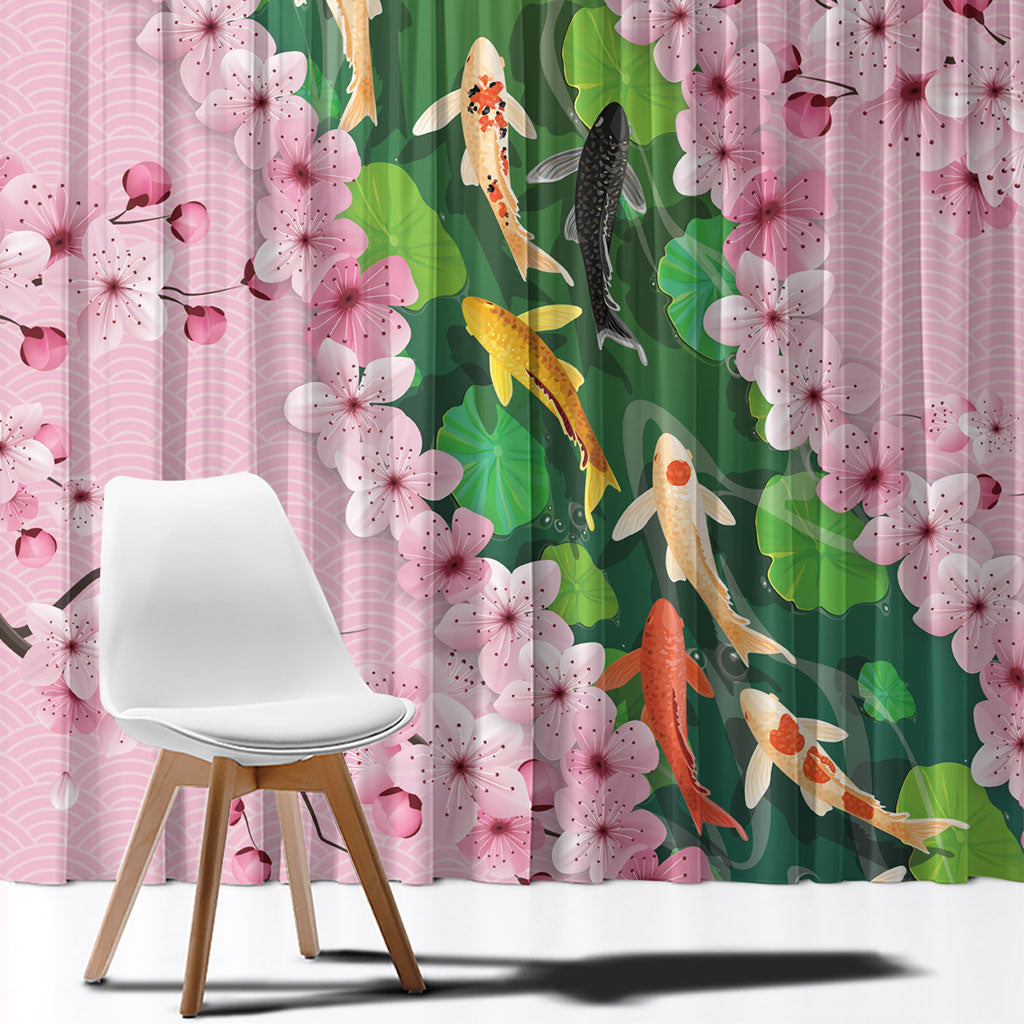 Koi Fish Sakura Japan Window Curtain Eternal Flow Cherry Blossom Seigaiha Pattern