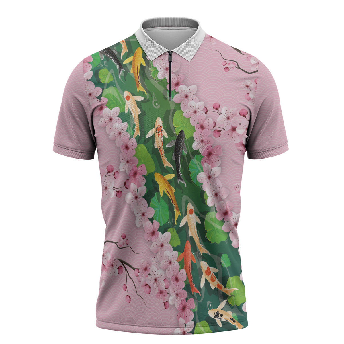 Koi Fish Sakura Japan Zipper Polo Shirt Eternal Flow Cherry Blossom Seigaiha Pattern