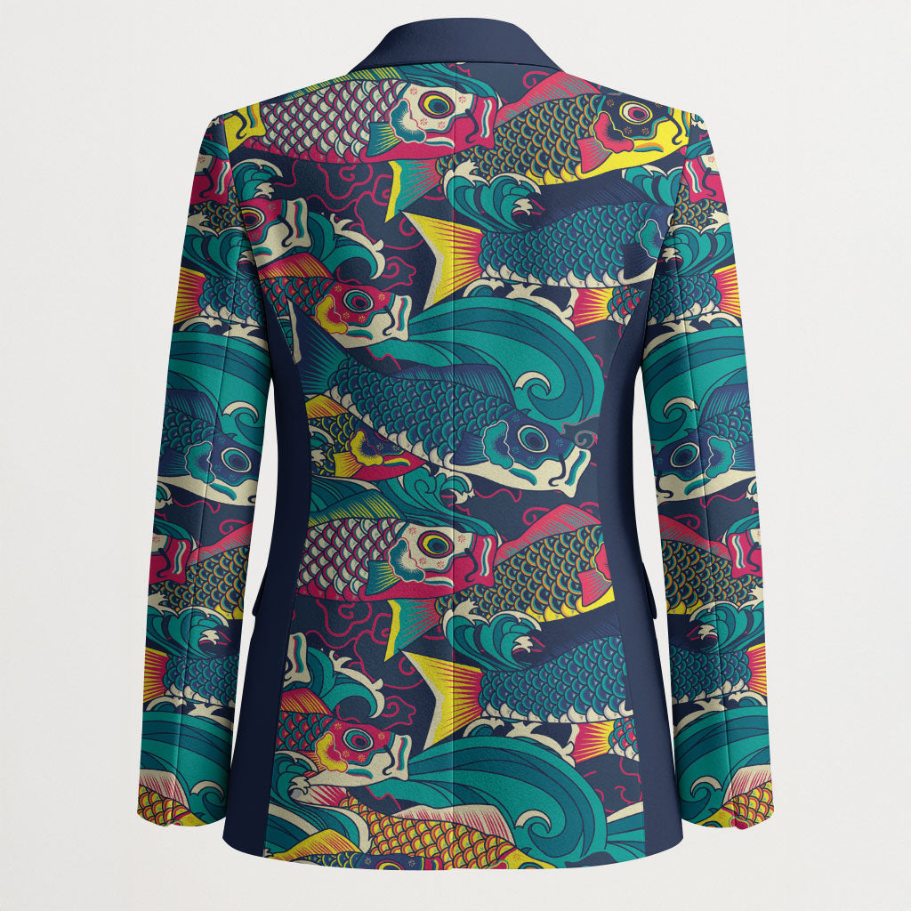 Japan Koinobori Blazer Japanese Koi Flag Waves Pattern