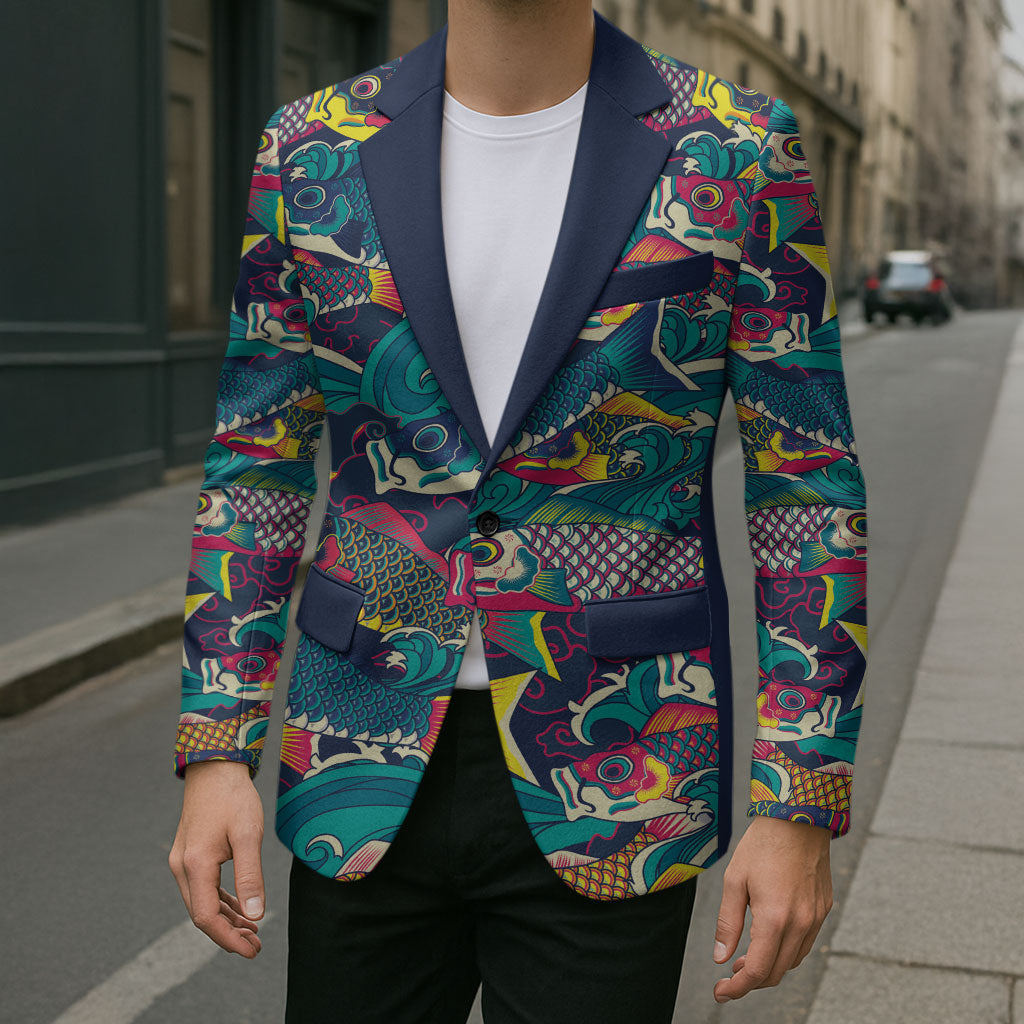 Japan Koinobori Blazer Japanese Koi Flag Waves Pattern