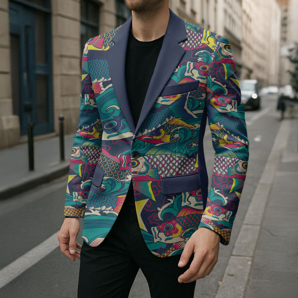 Japan Koinobori Blazer Japanese Koi Flag Waves Pattern