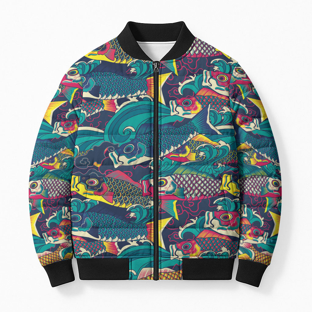 Japan Koinobori Bomber Puffer Jacket Japanese Koi Flag Waves Pattern
