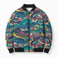 Japan Koinobori Bomber Puffer Jacket Japanese Koi Flag Waves Pattern