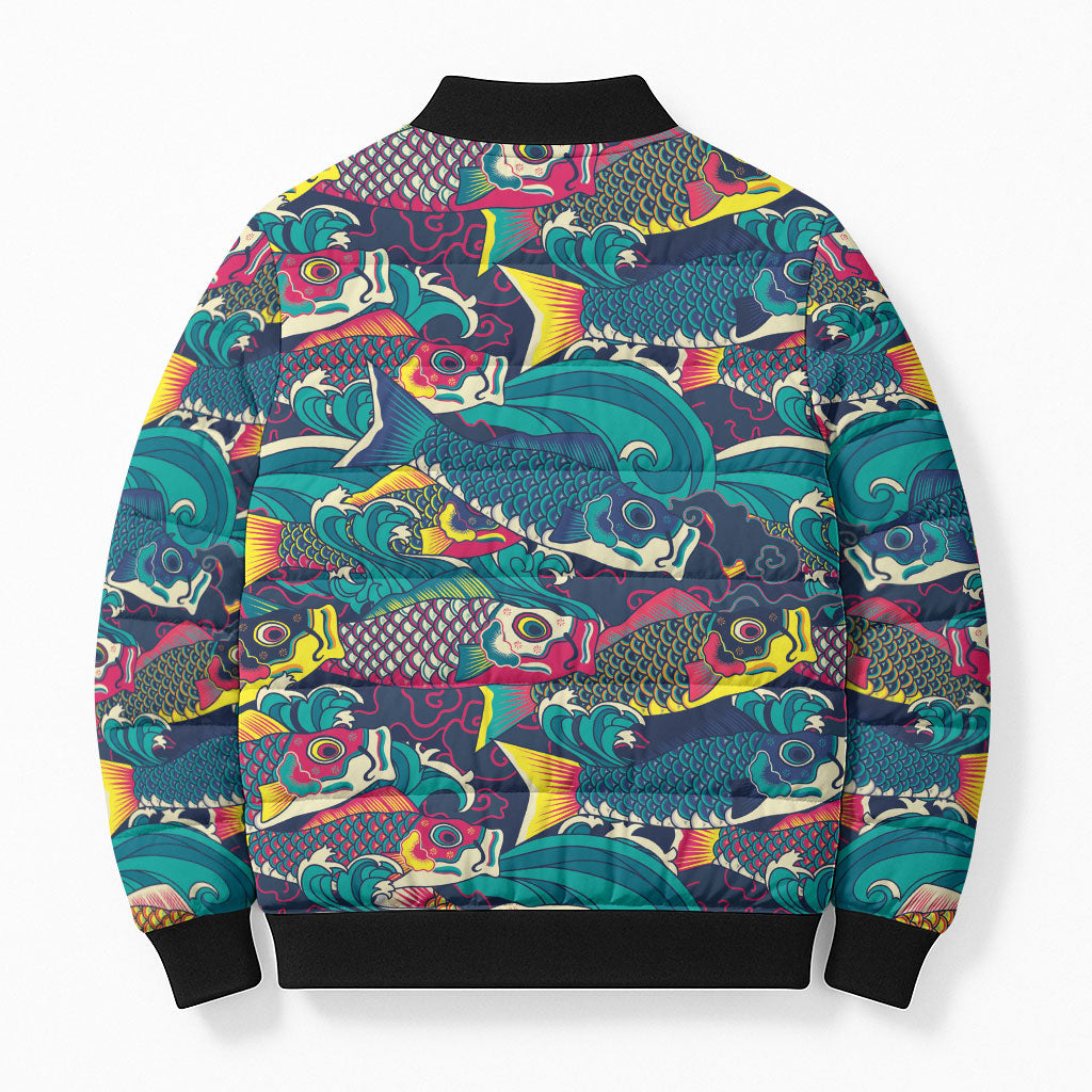 Japan Koinobori Bomber Puffer Jacket Japanese Koi Flag Waves Pattern