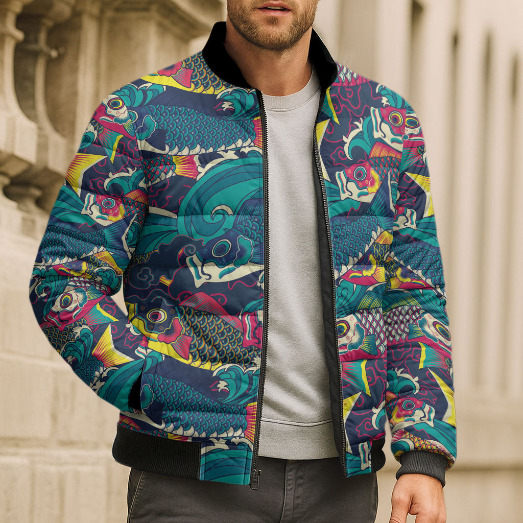Japan Koinobori Bomber Puffer Jacket Japanese Koi Flag Waves Pattern