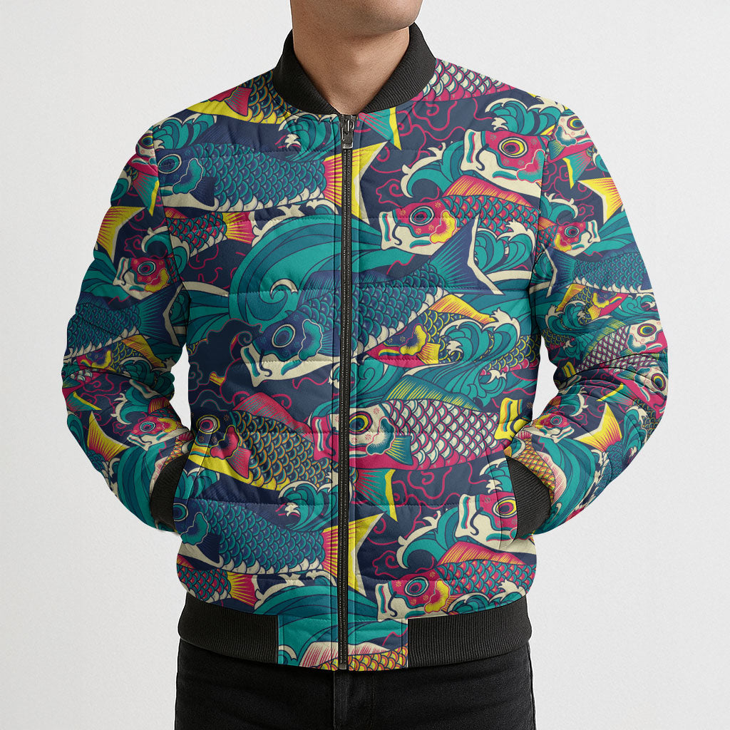 Japan Koinobori Bomber Puffer Jacket Japanese Koi Flag Waves Pattern