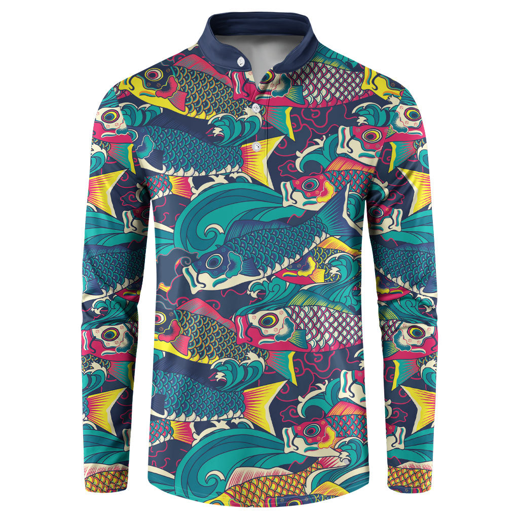 Japan Koinobori Button Sweatshirt Japanese Koi Flag Waves Pattern