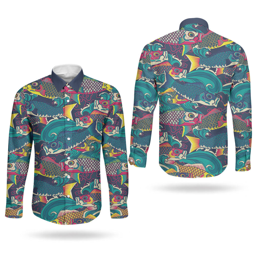 Japan Koinobori Couples Matching Mermaid Dress and Long Sleeve Button Shirt Japanese Koi Flag Waves Pattern