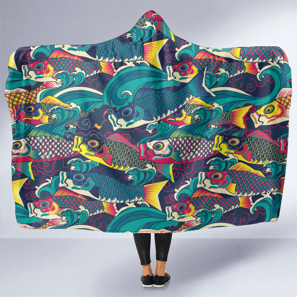Japan Koinobori Hooded Blanket Japanese Koi Flag Waves Pattern