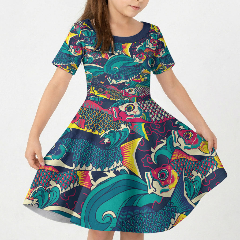 Japan Koinobori Kid Short Sleeve Dress Japanese Koi Flag Waves Pattern