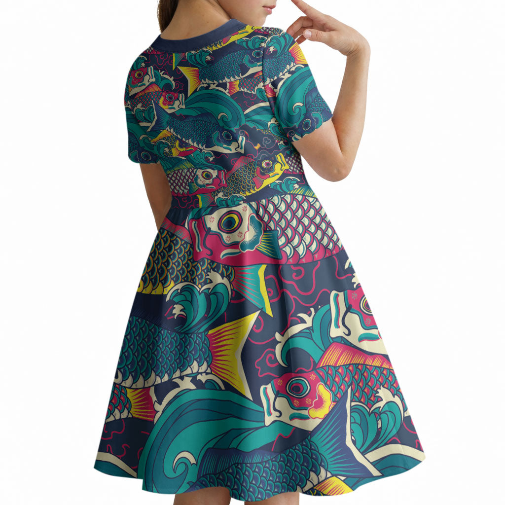 Japan Koinobori Kid Short Sleeve Dress Japanese Koi Flag Waves Pattern