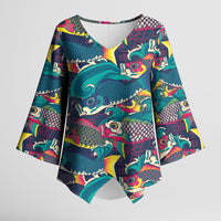 Japan Koinobori Kimono Sleeve Blouse Japanese Koi Flag Waves Pattern