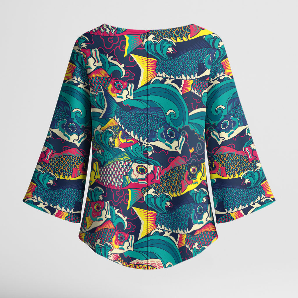 Japan Koinobori Kimono Sleeve Blouse Japanese Koi Flag Waves Pattern