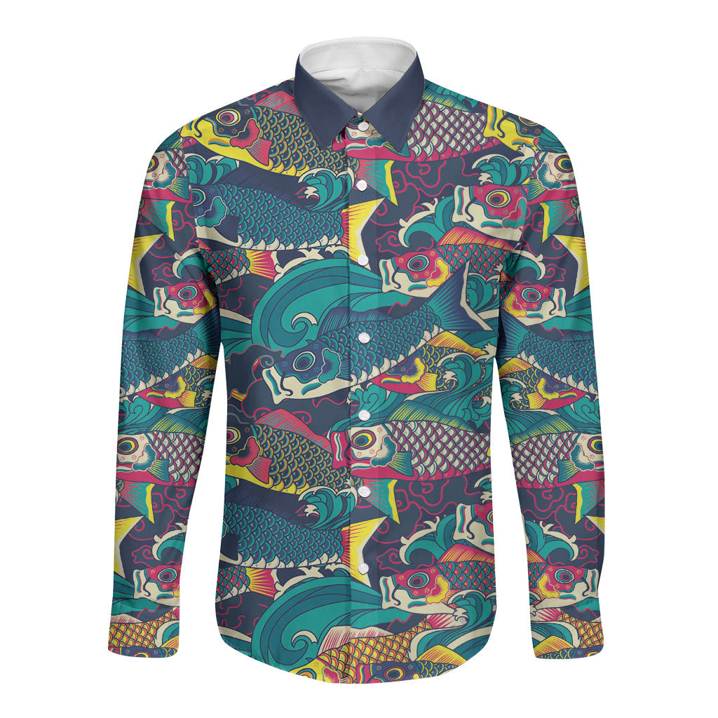 Japan Koinobori Long Sleeve Button Shirt Japanese Koi Flag Waves Pattern