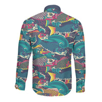 Japan Koinobori Long Sleeve Button Shirt Japanese Koi Flag Waves Pattern