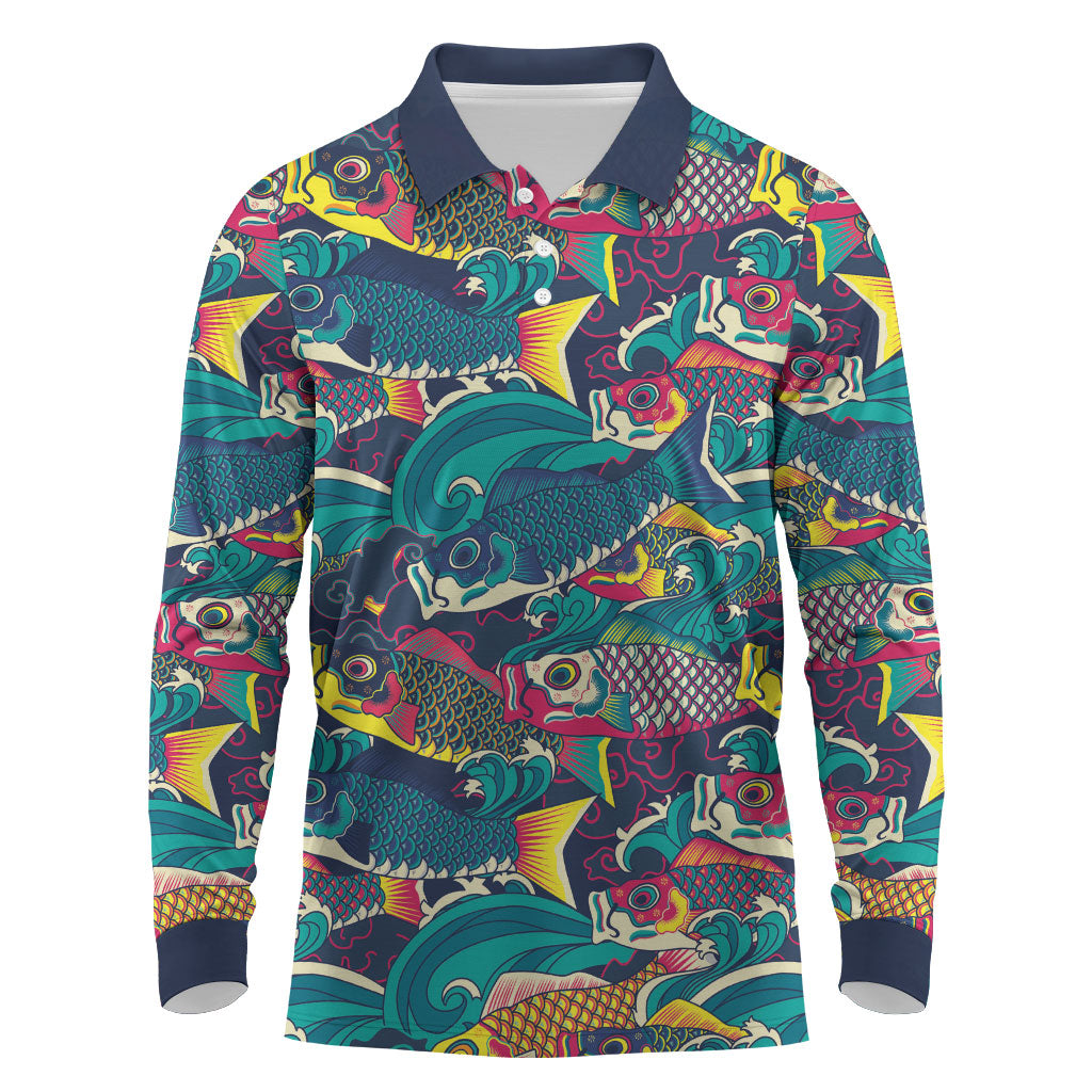 Japan Koinobori Long Sleeve Polo Shirt Japanese Koi Flag Waves Pattern