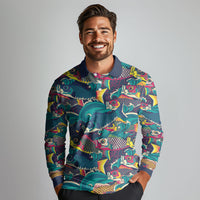 Japan Koinobori Long Sleeve Polo Shirt Japanese Koi Flag Waves Pattern