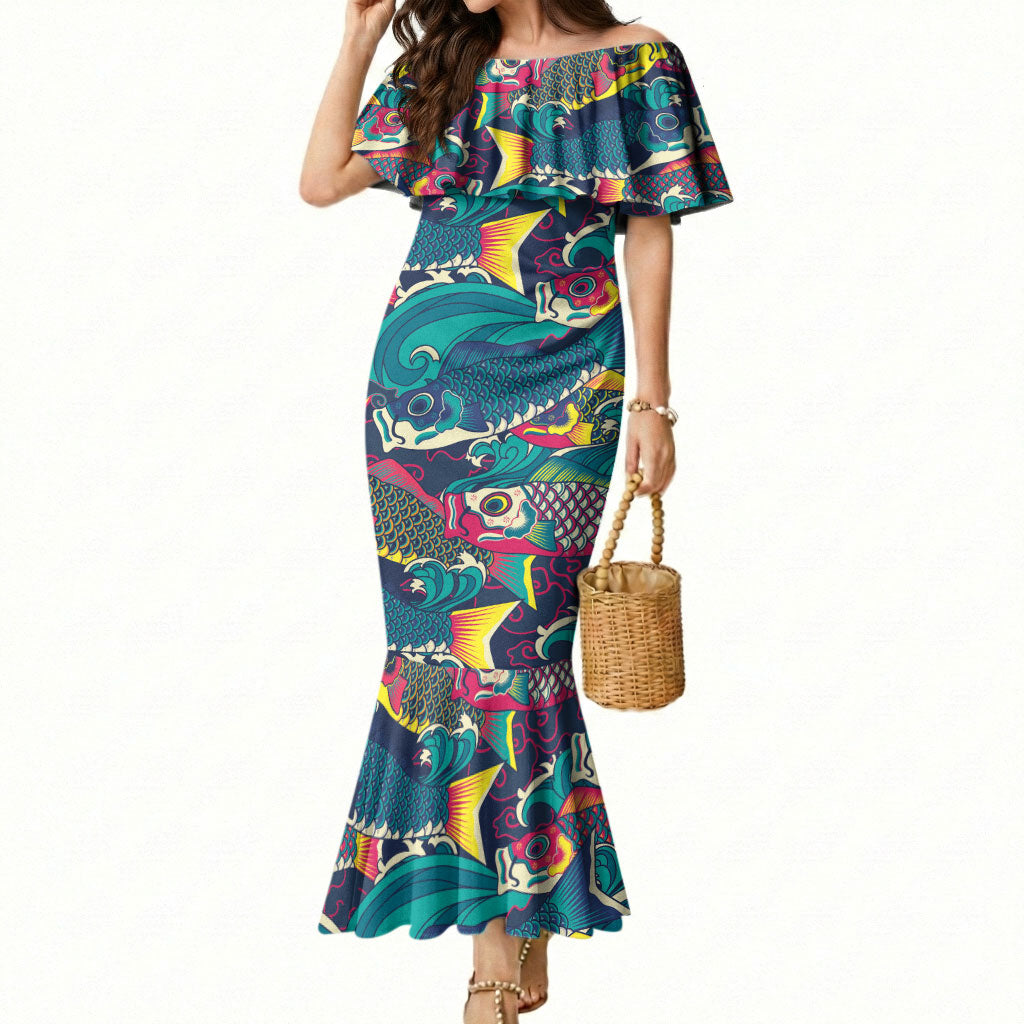 Japan Koinobori Mermaid Dress Japanese Koi Flag Waves Pattern