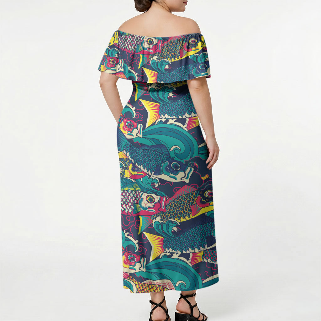 Japan Koinobori Off Shoulder Maxi Dress Japanese Koi Flag Waves Pattern