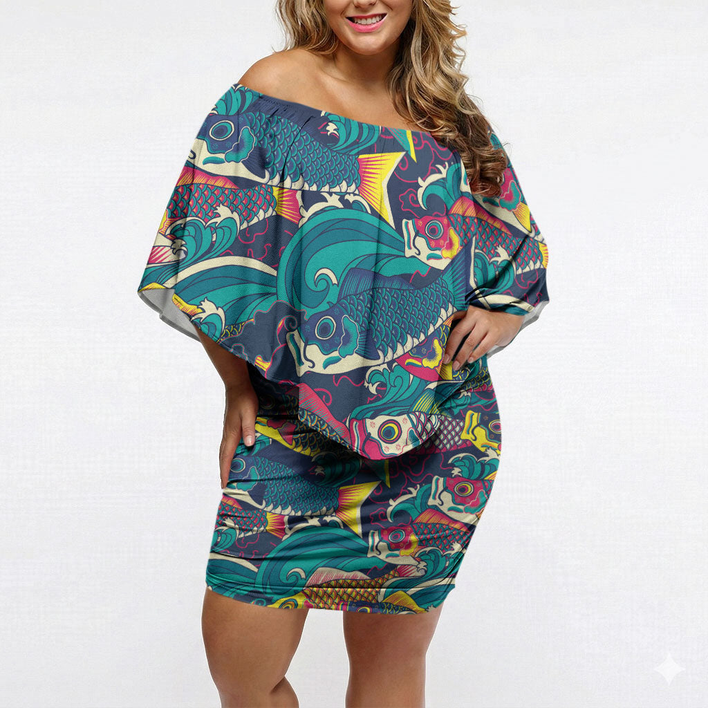 Japan Koinobori Off Shoulder Short Dress Japanese Koi Flag Waves Pattern