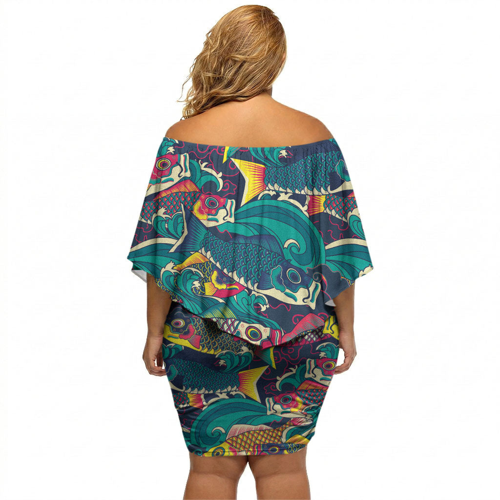 Japan Koinobori Off Shoulder Short Dress Japanese Koi Flag Waves Pattern