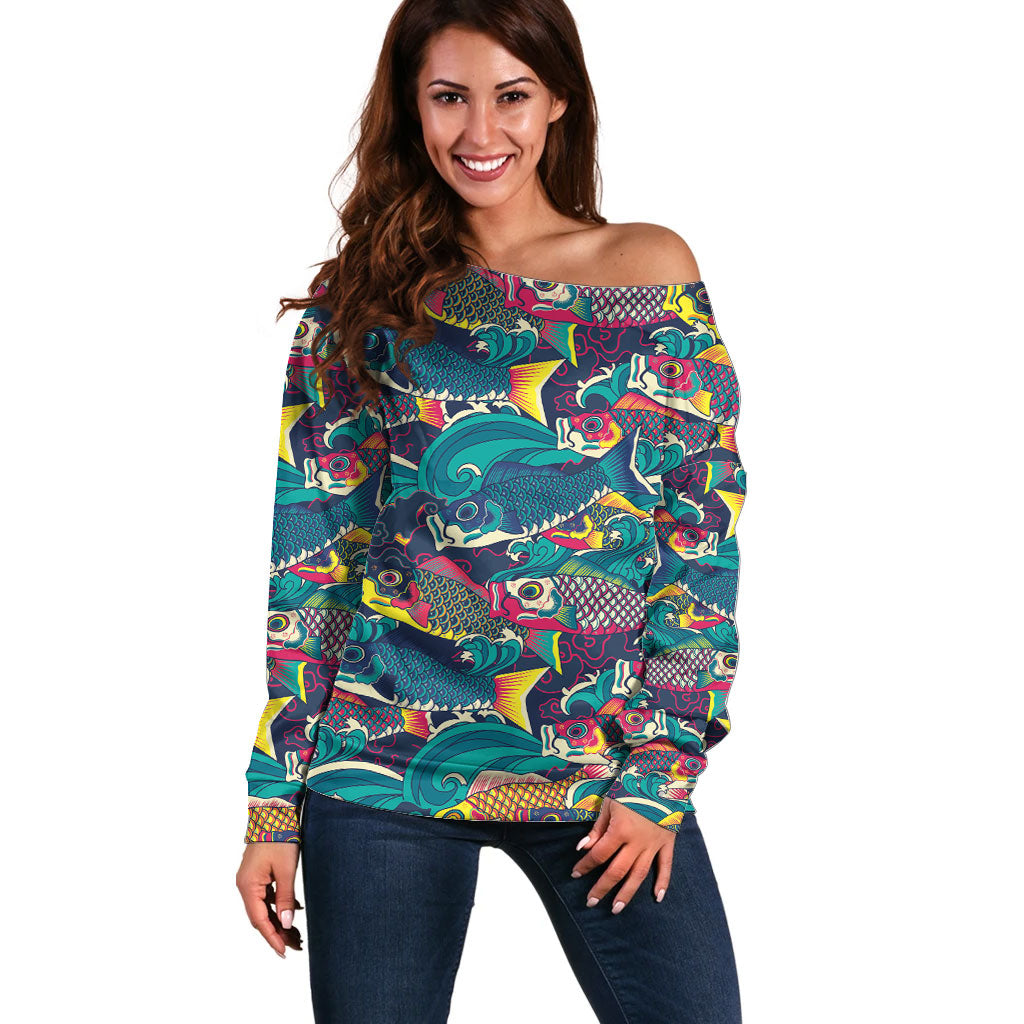 Japan Koinobori Off Shoulder Sweater Japanese Koi Flag Waves Pattern