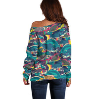 Japan Koinobori Off Shoulder Sweater Japanese Koi Flag Waves Pattern