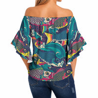 Japan Koinobori Off Shoulder Wrap Waist Top Japanese Koi Flag Waves Pattern