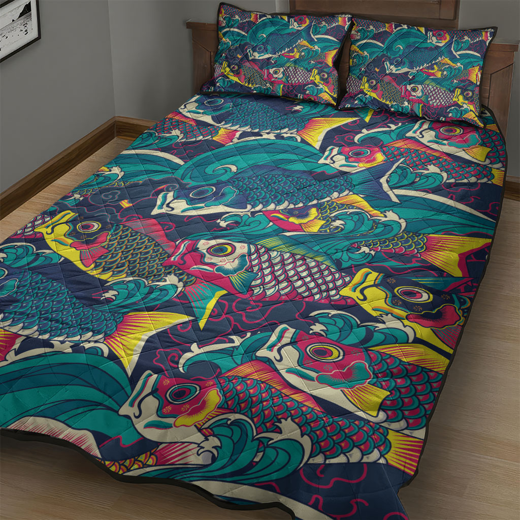 Japan Koinobori Quilt Bed Set Japanese Koi Flag Waves Pattern