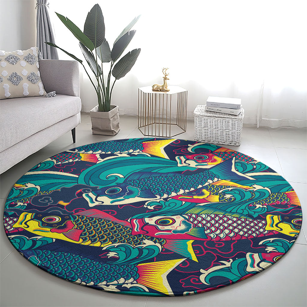 Japan Koinobori Round Carpet Japanese Koi Flag Waves Pattern