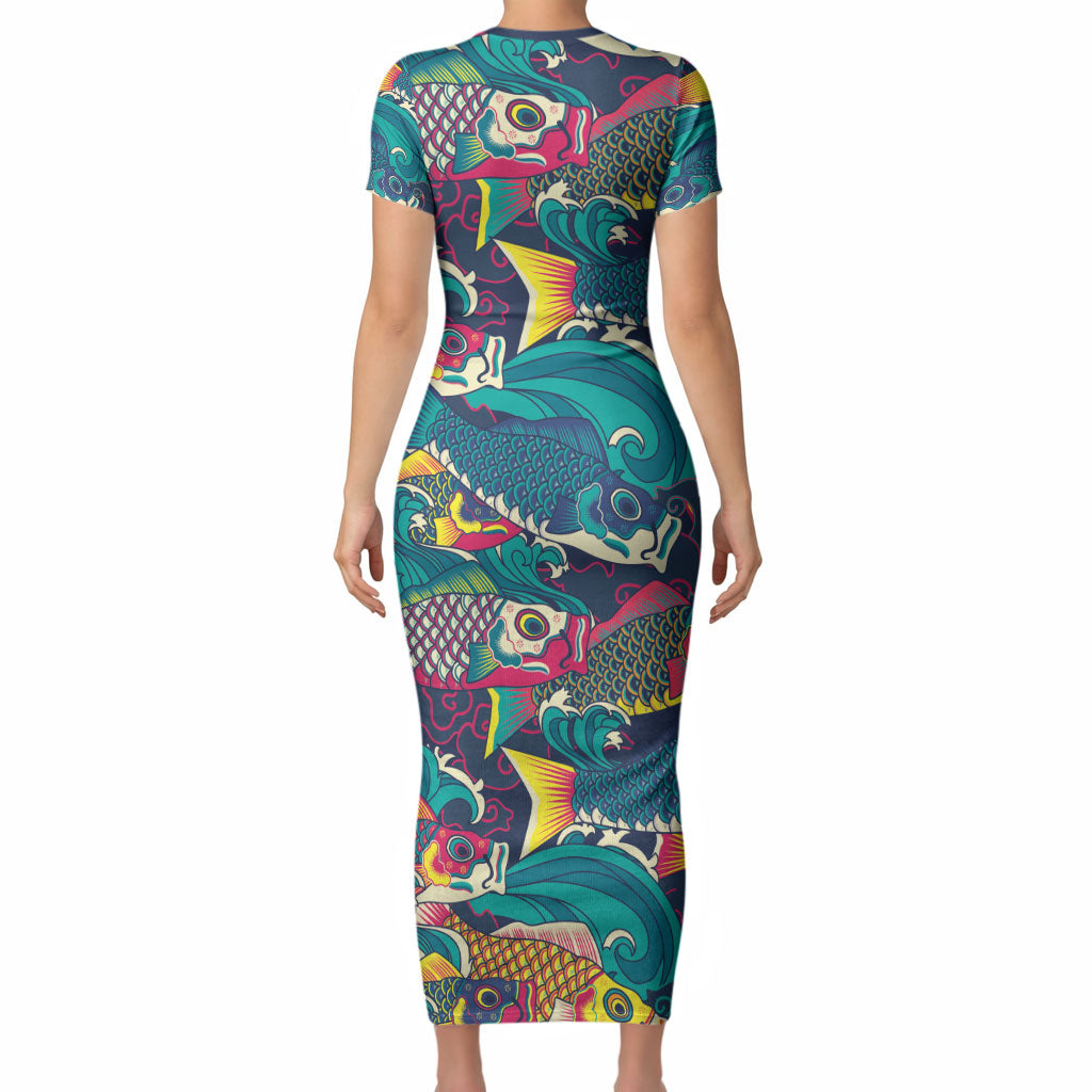 Japan Koinobori Short Sleeve Bodycon Dress Japanese Koi Flag Waves Pattern