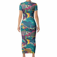 Japan Koinobori Short Sleeve Bodycon Dress Japanese Koi Flag Waves Pattern