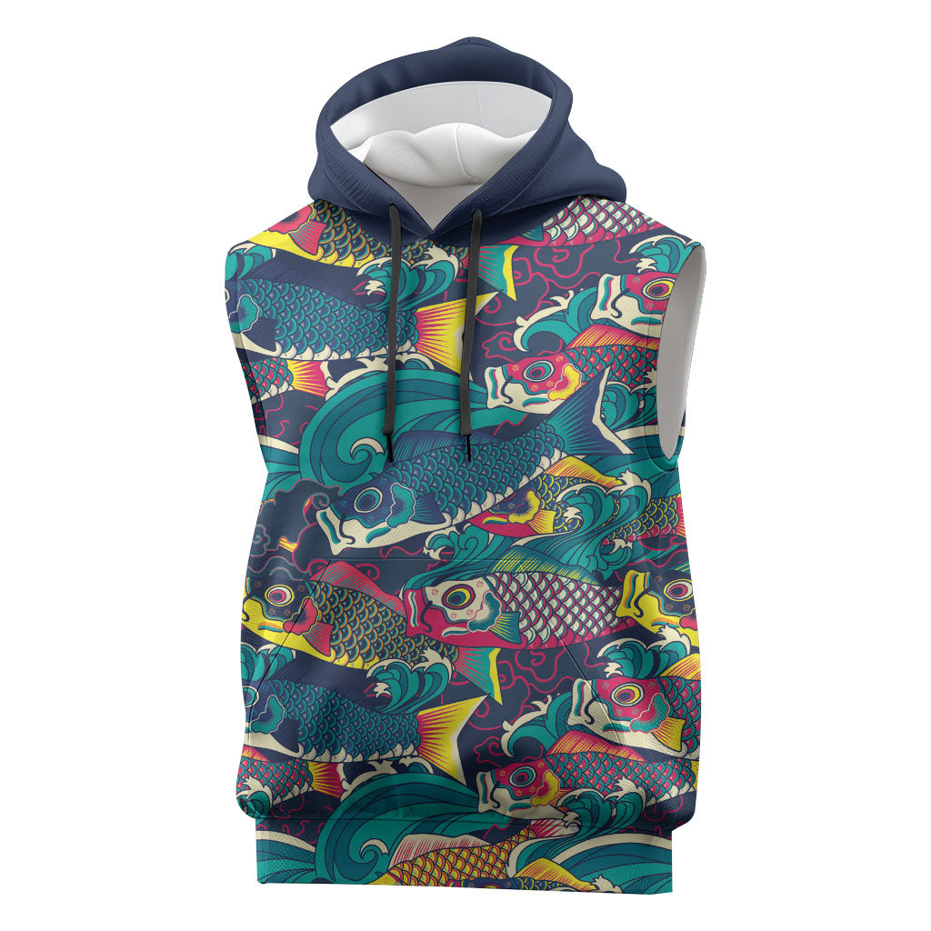 Japan Koinobori Sleeveless Hoodie Japanese Koi Flag Waves Pattern