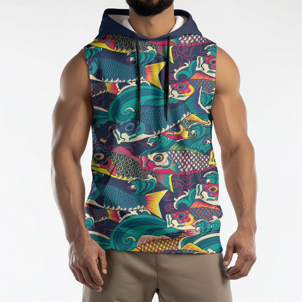 Japan Koinobori Sleeveless Hoodie Japanese Koi Flag Waves Pattern