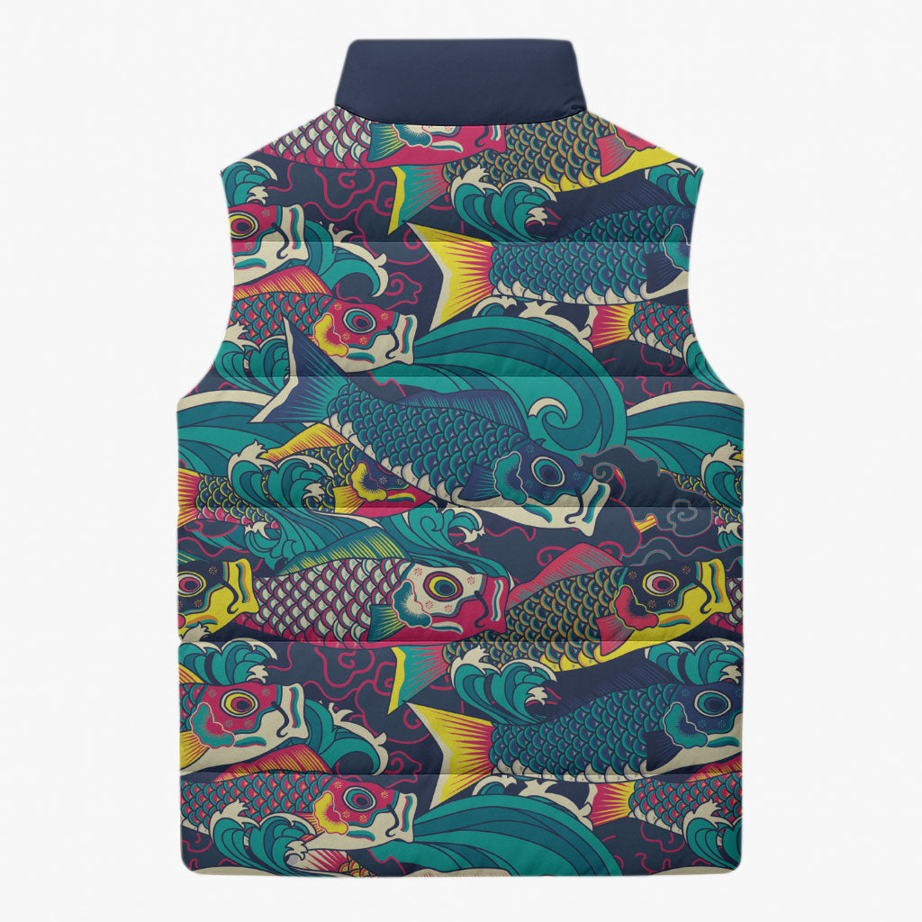 Japan Koinobori Sleeveless Puffer Jacket Japanese Koi Flag Waves Pattern