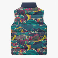 Japan Koinobori Sleeveless Puffer Jacket Japanese Koi Flag Waves Pattern