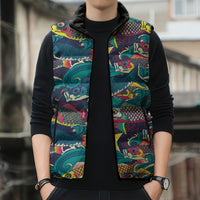 Japan Koinobori Sleeveless Puffer Jacket Japanese Koi Flag Waves Pattern