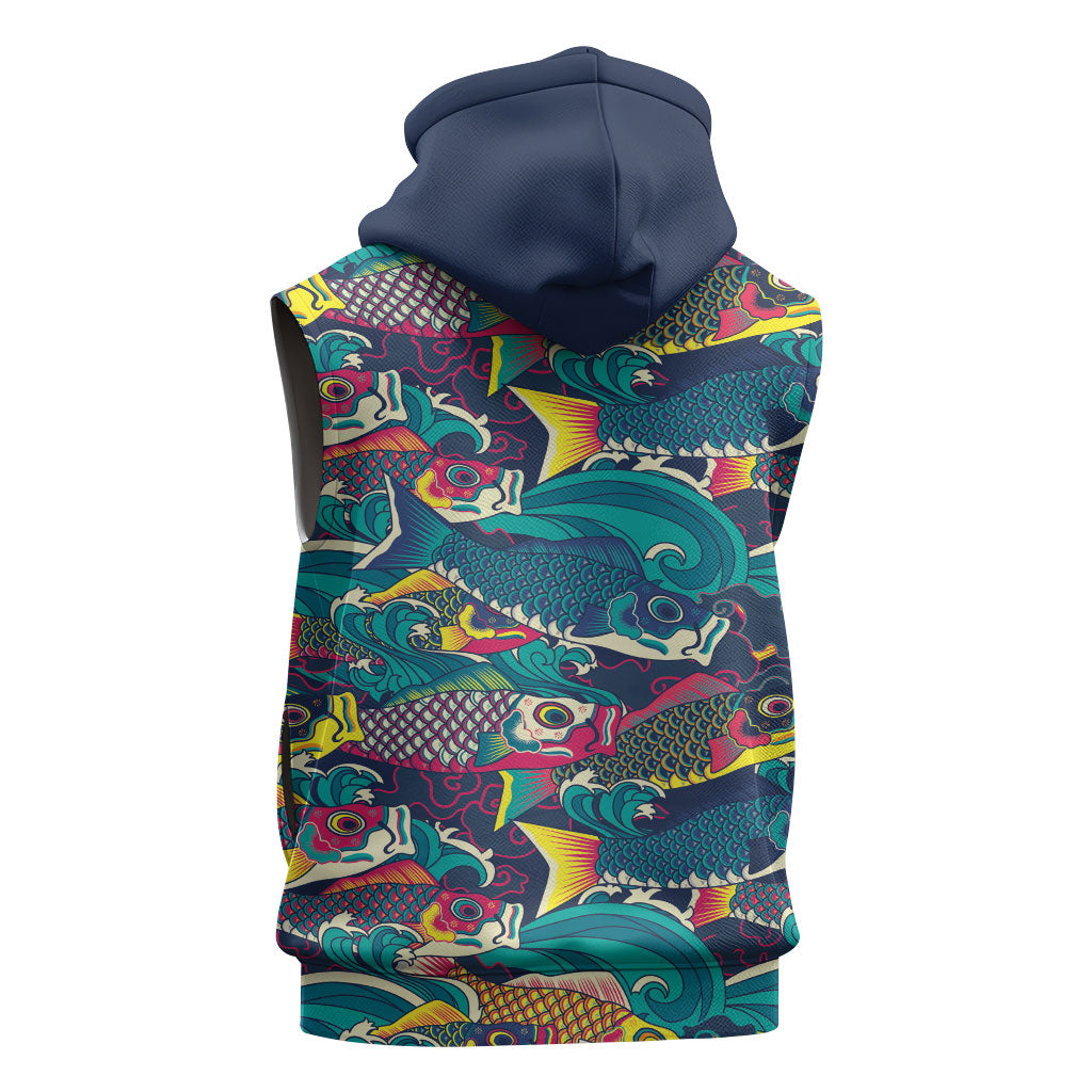 Japan Koinobori Sleeveless Zip Hoodie Japanese Koi Flag Waves Pattern