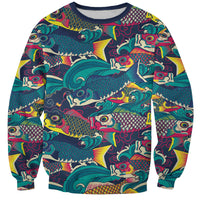 Japan Koinobori Sweatshirt Japanese Koi Flag Waves Pattern