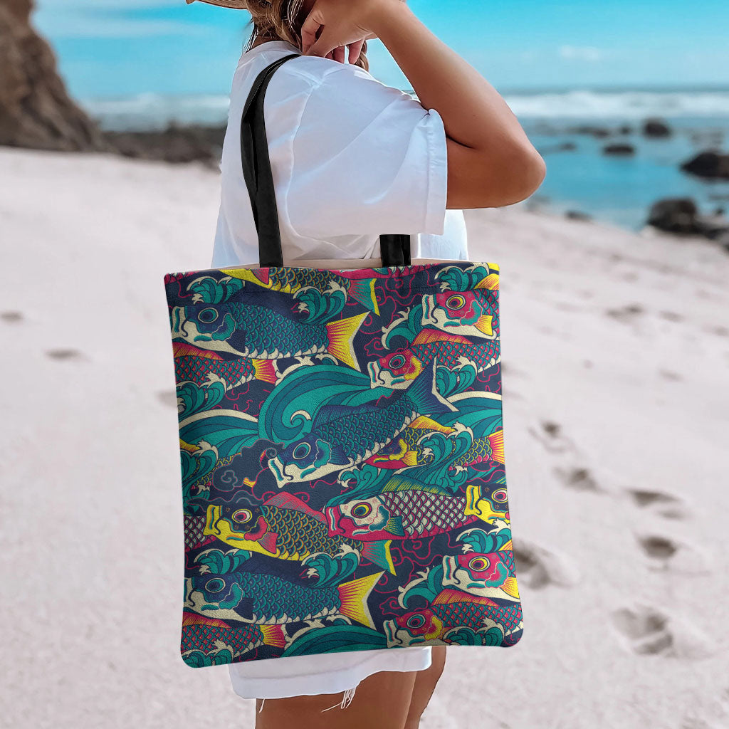 Japan Koinobori Tote Bag Japanese Koi Flag Waves Pattern