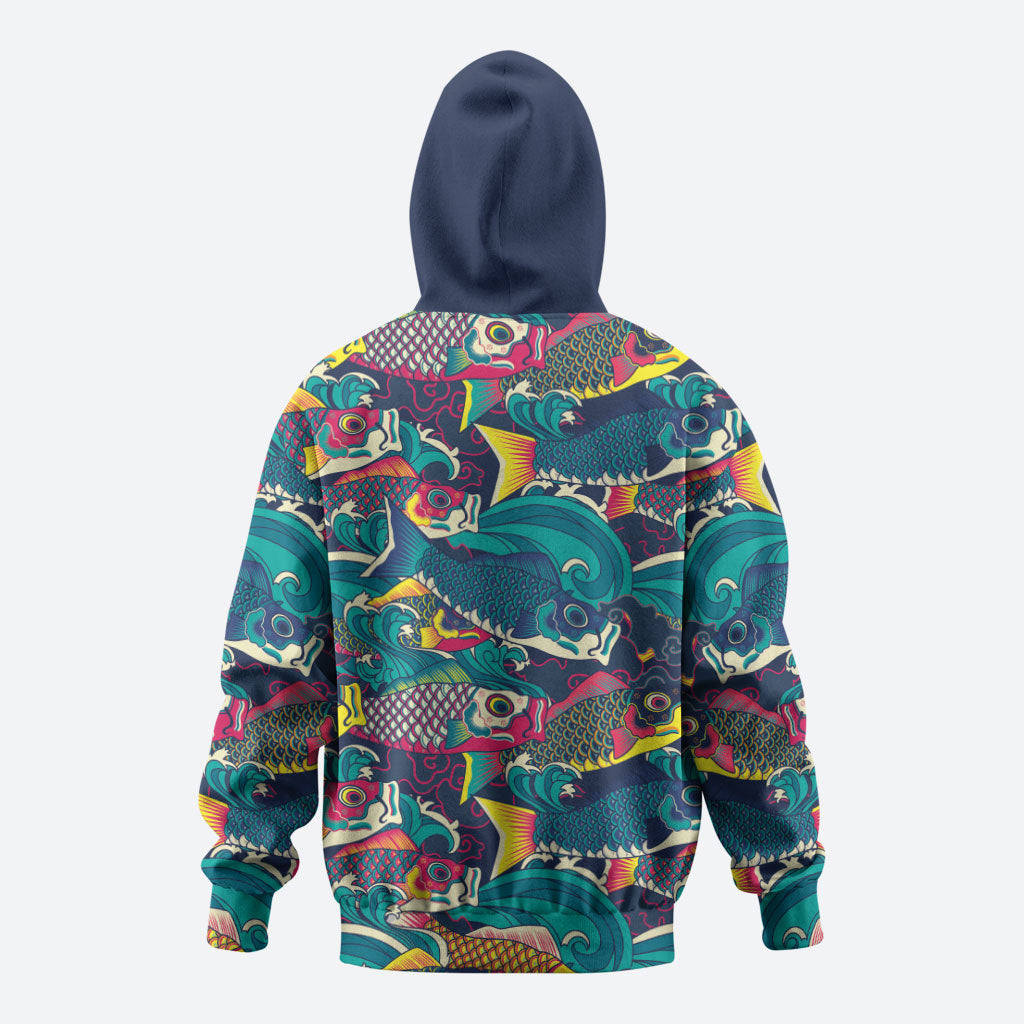 Japan Koinobori Zip Hoodie Japanese Koi Flag Waves Pattern