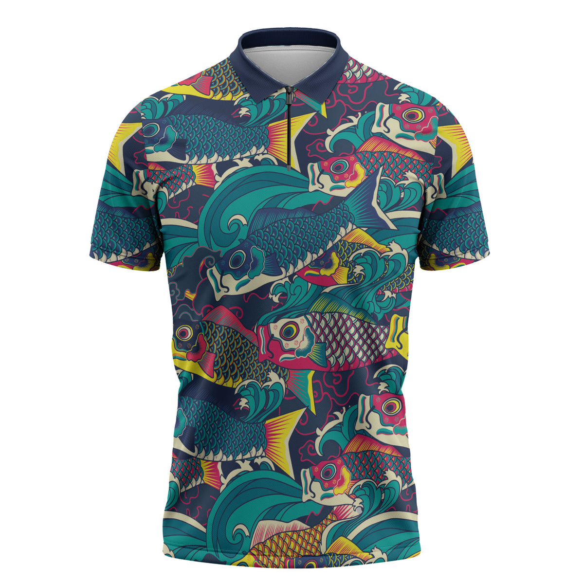 Japan Koinobori Zipper Polo Shirt Japanese Koi Flag Waves Pattern