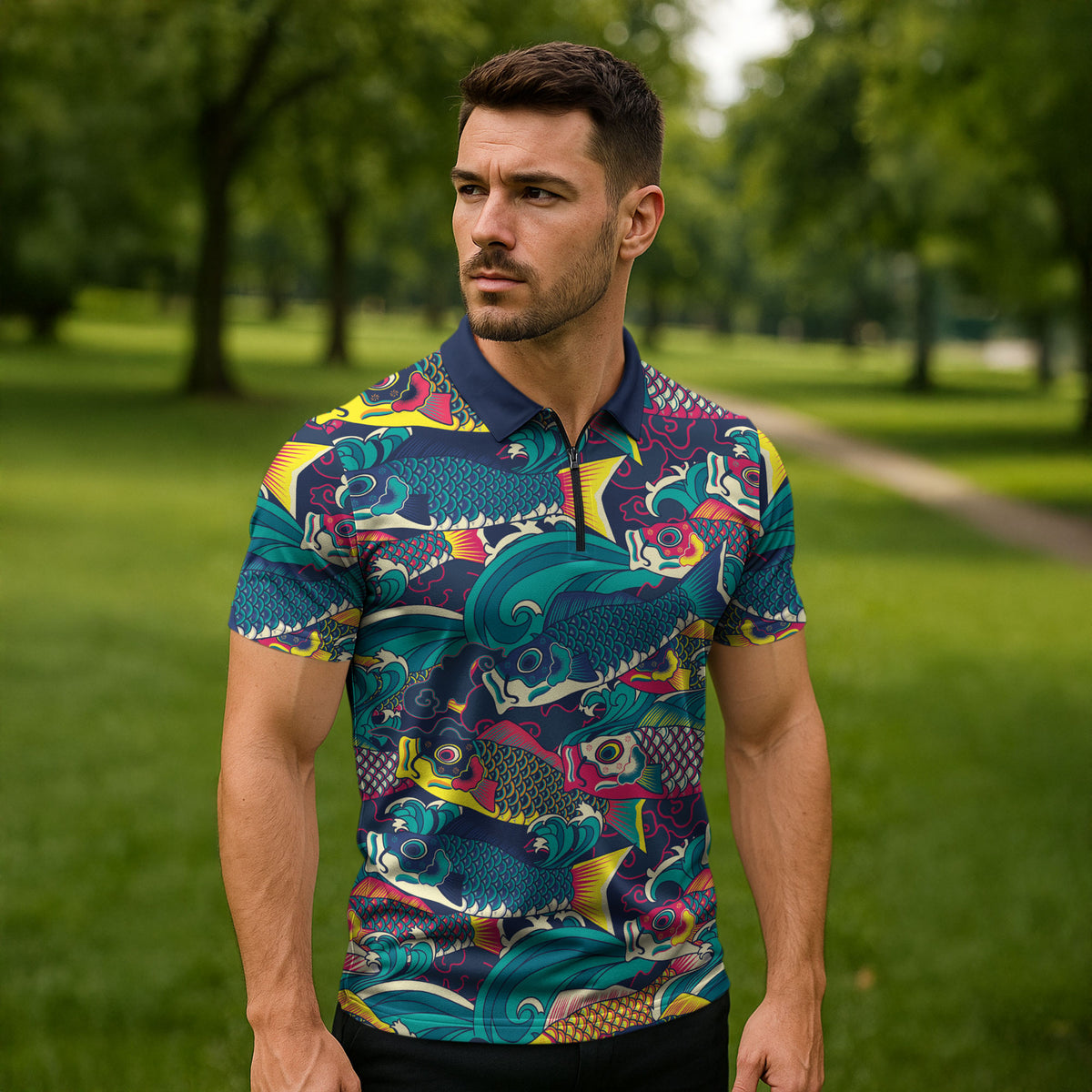 Japan Koinobori Zipper Polo Shirt Japanese Koi Flag Waves Pattern