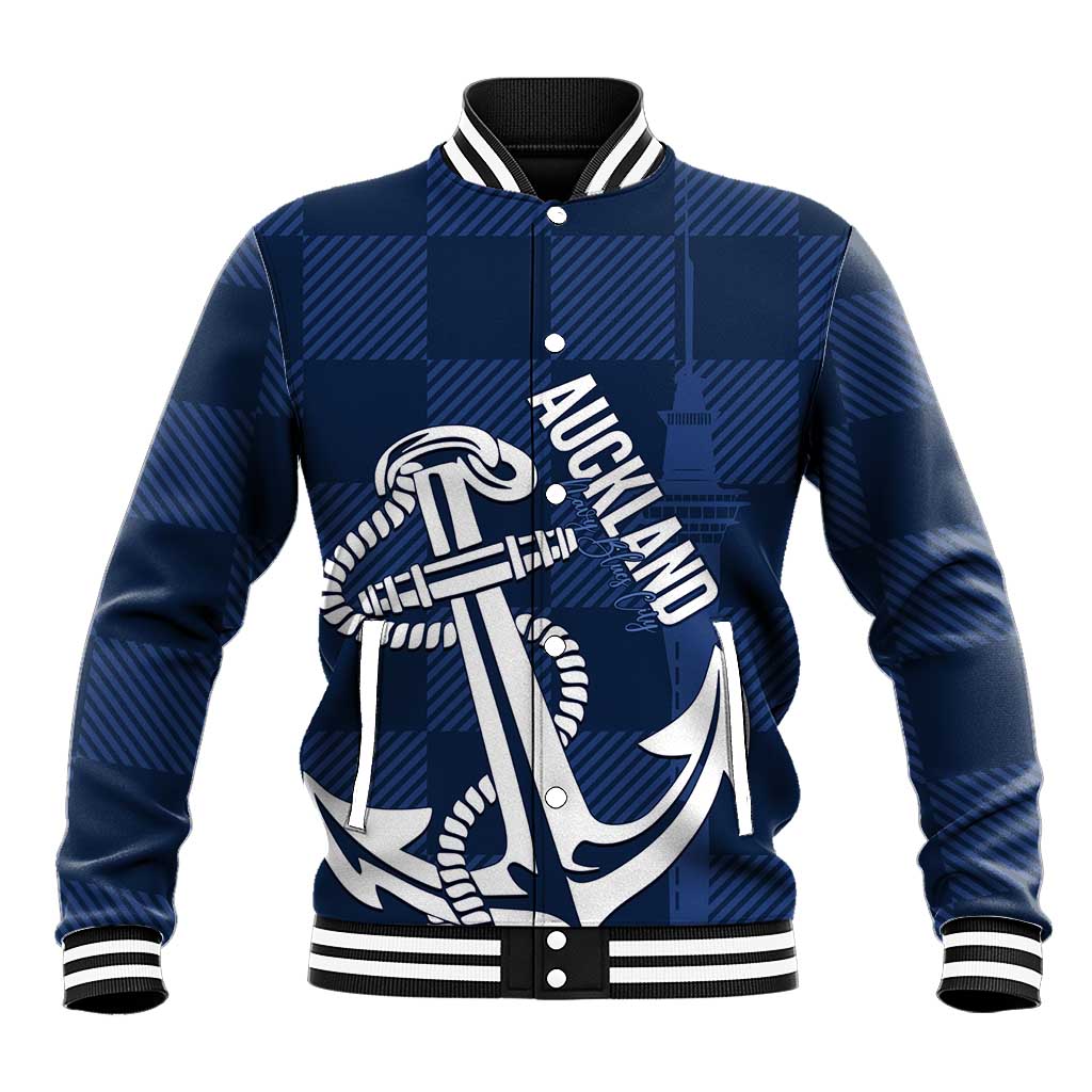 New Zealand Auckland Football Custom Baseball Jacket Navy Blue City Anchor Sky Tower Symbol LT14 Unisex Navy Blue - Polynesian Pride