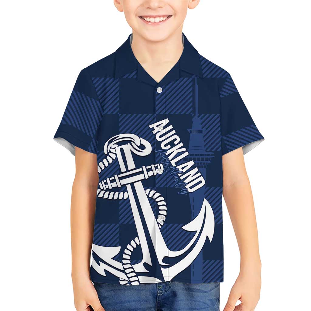New Zealand Auckland Football Custom Kid Hawaiian Shirt Navy Blue City Anchor Sky Tower Symbol LT14 Kid Navy Blue - Polynesian Pride
