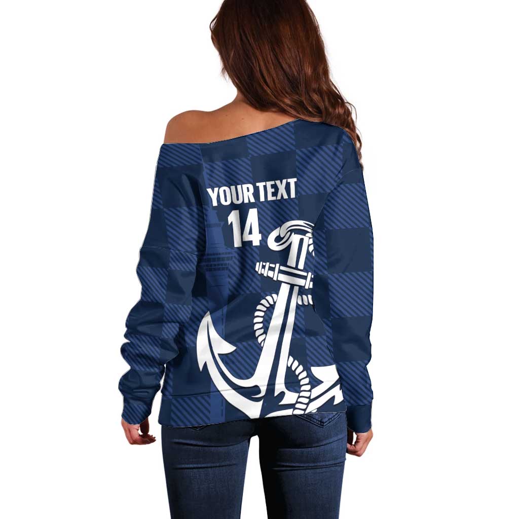 New Zealand Auckland Football Custom Off Shoulder Sweater Navy Blue City Anchor Sky Tower Symbol LT14 - Polynesian Pride
