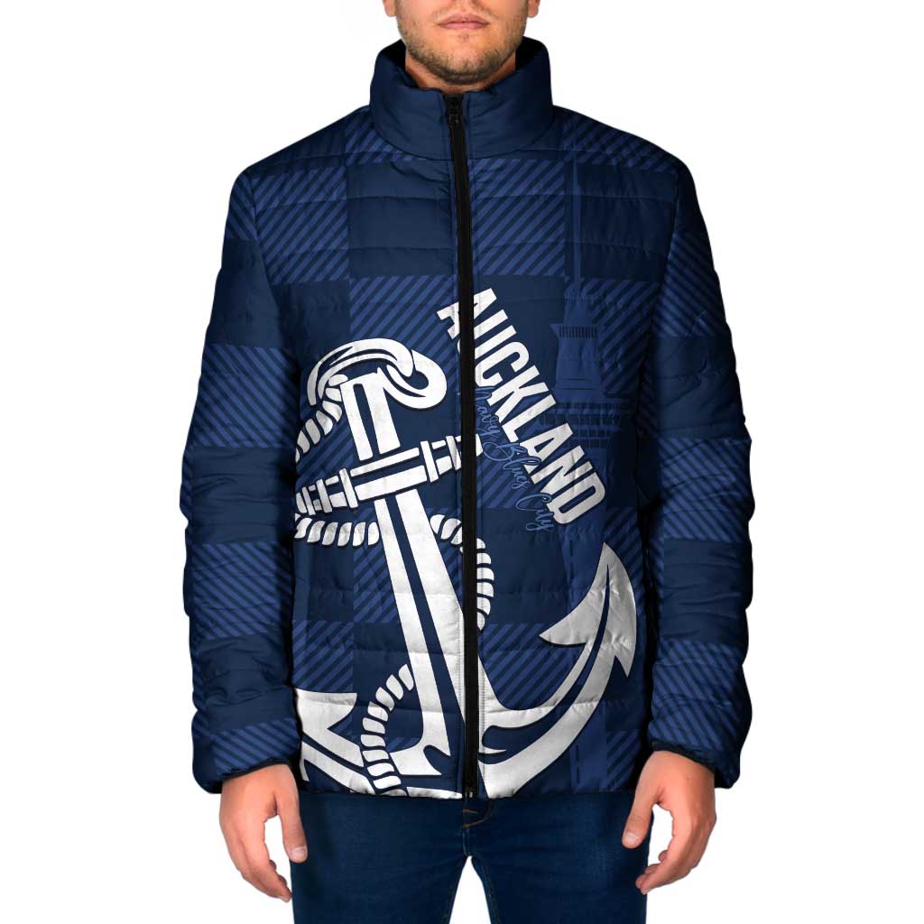 New Zealand Auckland Football Custom Padded Jacket Navy Blue City Anchor Sky Tower Symbol LT14 Men Navy Blue - Polynesian Pride