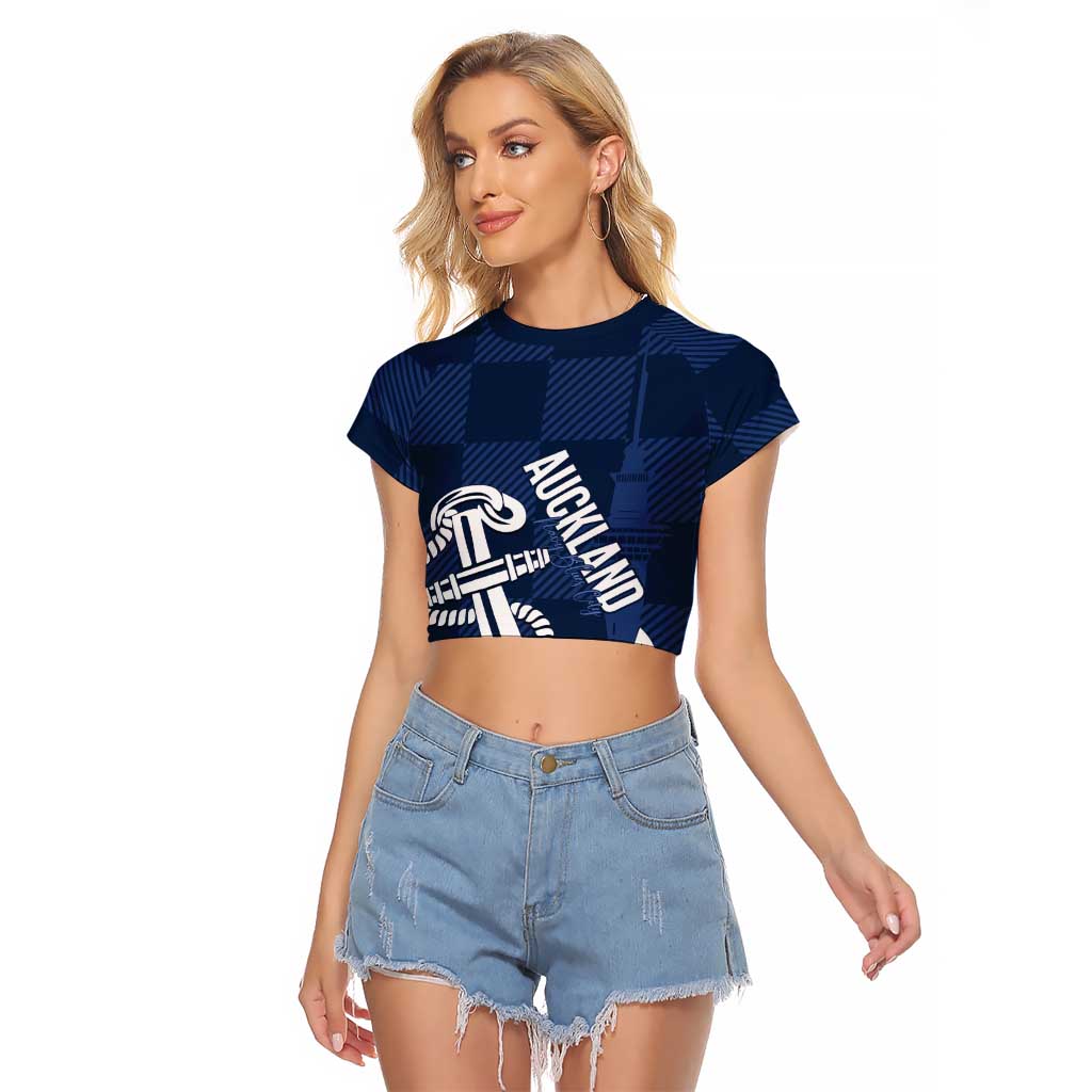 New Zealand Auckland Football Custom Raglan Cropped T Shirt Navy Blue City Anchor Sky Tower Symbol - Polynesian Pride